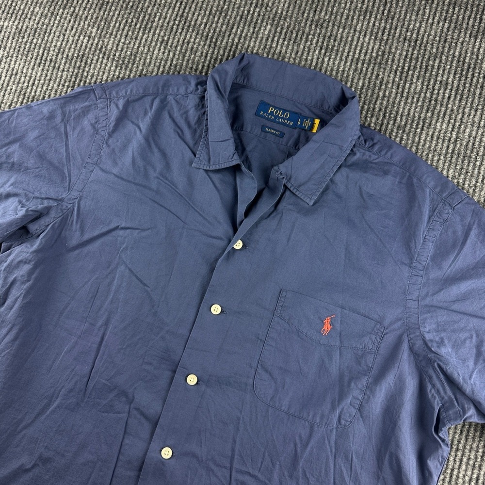 Polo Ralph Lauren Men Large Blue Short Sleeve Button Down Shirt Classic Fit Pony
